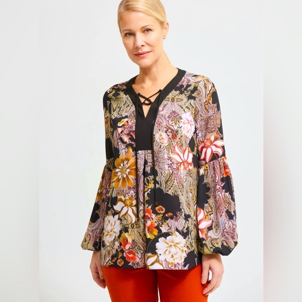 JOSEPH RIBKOFF Sz 18 Georgette Floral Front Tie Tassels Balloon Sleeves  Blouse